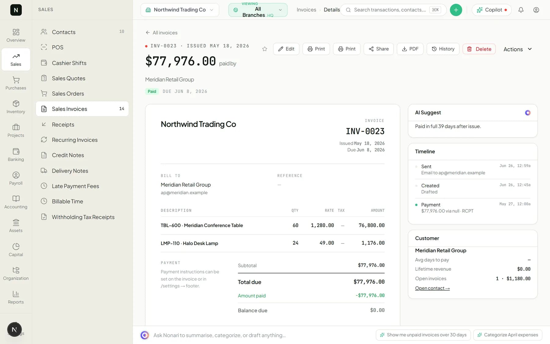 Nonari Accounting: a paid invoice with its timeline and customer summary